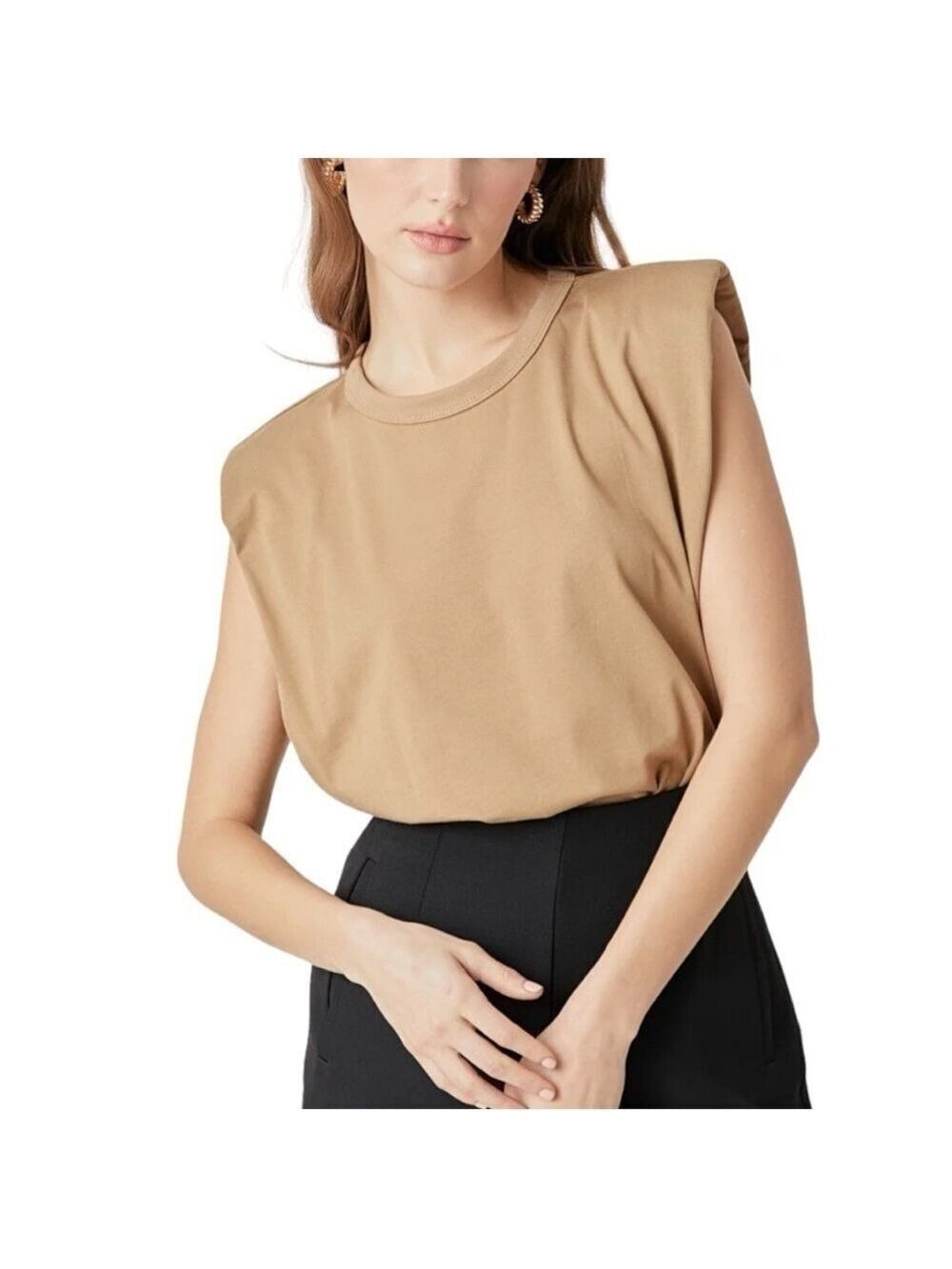 Endless Rose Revolve Shoulder Pad Jersey Taupe Sleeveless Crewneck Top T-Shirt